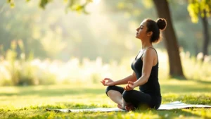 Person sitting in meditative posture on yoga mat in peaceful natural light environment, eyes closed in calm concentration, serene outdoor setting with soft morning sunlight filtering through