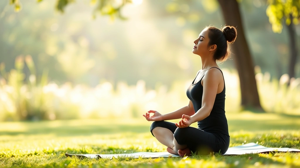 Person sitting in meditative posture on yoga mat in peaceful natural light environment, eyes closed in calm concentration, serene outdoor setting with soft morning sunlight filtering through