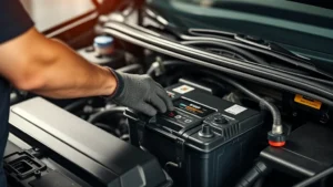 Professional mechanic installing new car battery in Ford Focus engine bay, focused concentration on terminal connections, studio lighting, hands wearing work gloves adjusting battery terminals