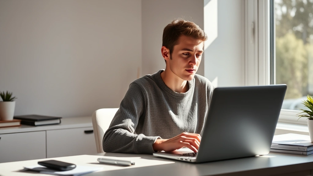 Person sitting at minimalist desk with natural window light, eyes focused on laptop screen, peaceful concentrated expression, morning sunlight, clean organized workspace, no visible text or notifications