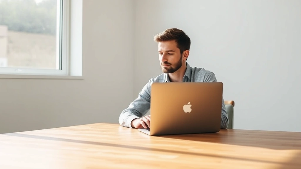 Person sitting at clean wooden desk with natural sunlight streaming through window, laptop open, completely focused, minimal background, serene workspace environment, professional atmosphere