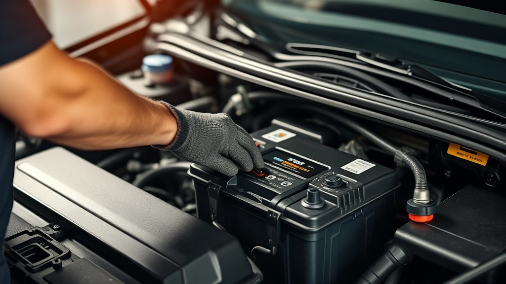 Professional mechanic installing new car battery in Ford Focus engine bay, focused concentration on terminal connections, studio lighting, hands wearing work gloves adjusting battery terminals