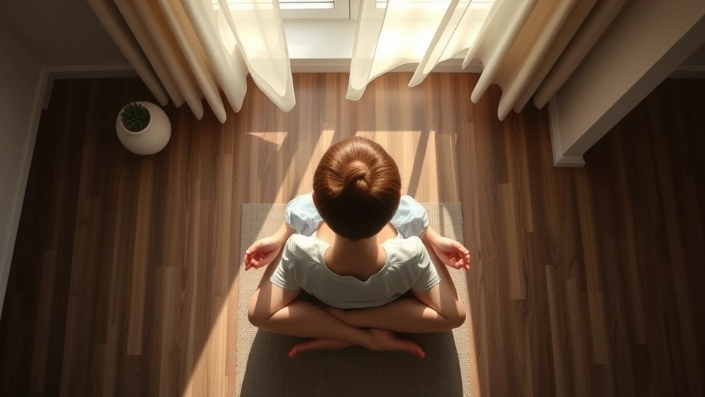 Overhead view of someone meditating in a peaceful room with soft natural lighting, cross-legged on a mat, hands resting gently, peaceful expression, morning sunlight, minimalist calm environment, photorealistic tranquility