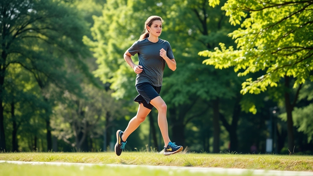 Individual doing outdoor running or jogging in park setting, athletic movement capturing physical exercise, natural green environment, dynamic action pose, endorphin-boosting activity, no text overlay