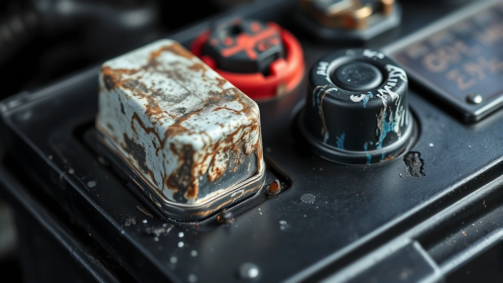 Close-up of corroded battery terminals on car battery, showing white and blue oxidation buildup, professional lighting highlighting corrosion damage, maintenance context