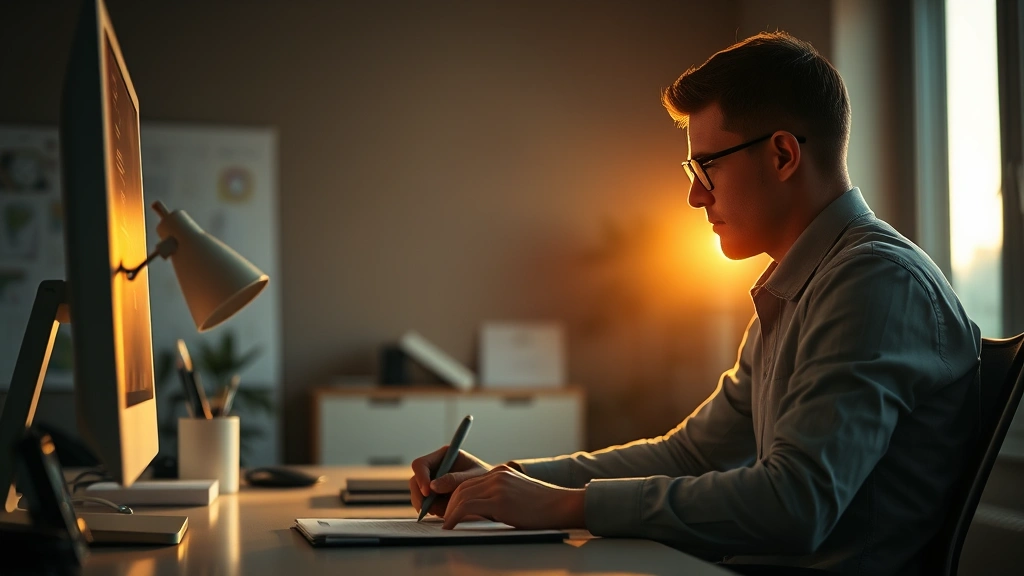 A focused individual at their workspace during golden hour light, deep in concentration, taking notes, clean desk with minimal items, professional setting, determined but relaxed posture, natural lighting from window, photorealistic dedication