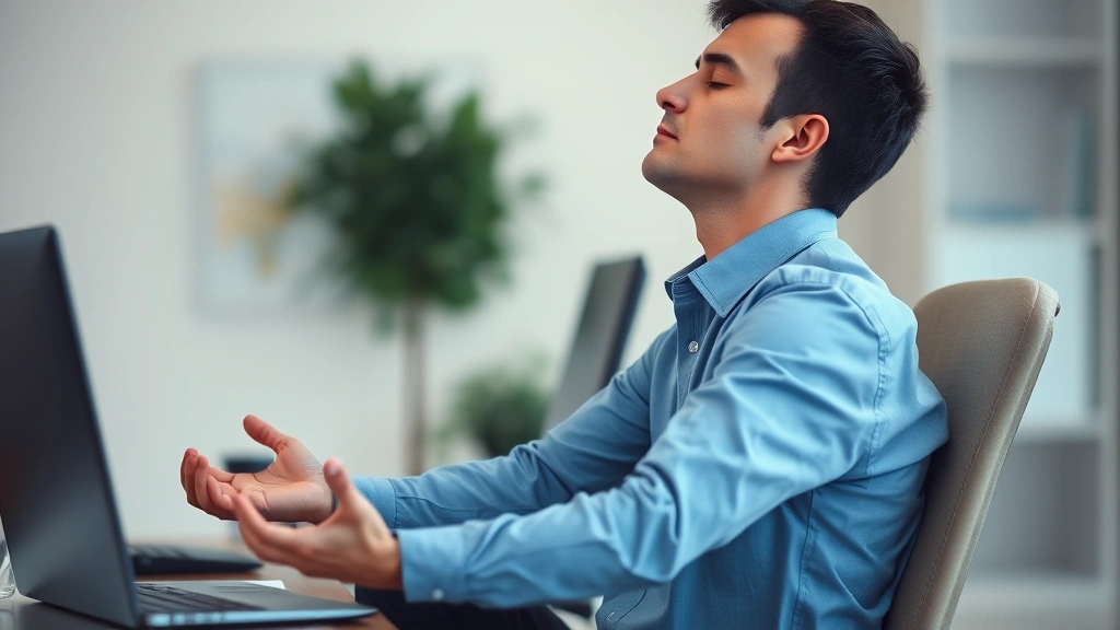 Person in deep focus at desk during meditation session, hands resting on legs, eyes closed, surrounded by soft blurred background, professional environment, serene concentration moment