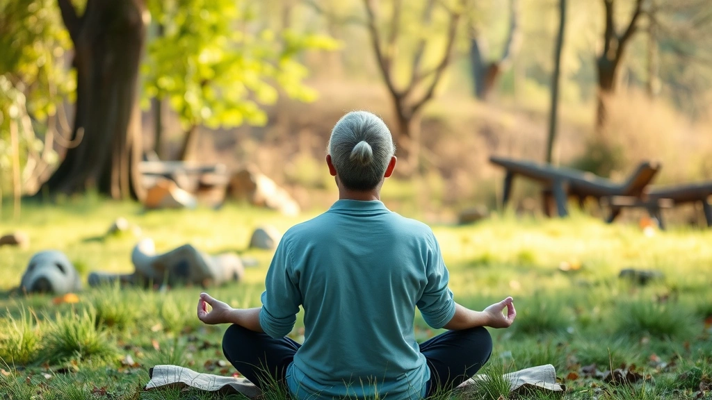 Person meditating outdoors in nature setting, surrounded by natural elements, demonstrating sustained attention practice in peaceful environment with soft natural lighting