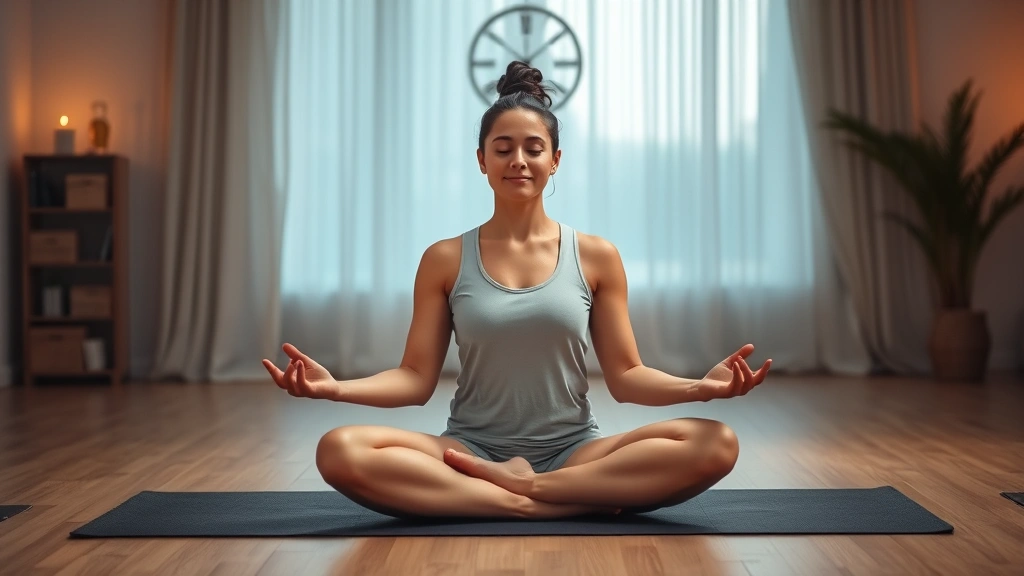 Person meditating in lotus position on yoga mat, serene indoor space with soft ambient lighting, calm facial expression, mindfulness practice visualization, peaceful environment, no visible clocks or devices