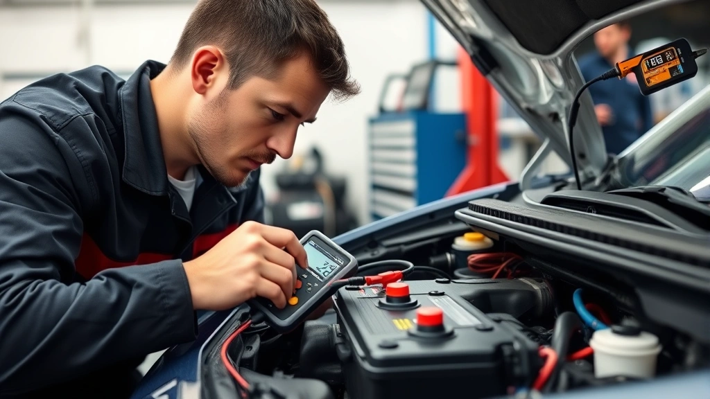 Car battery being tested with digital multimeter device by technician, focused expression checking voltage readings, clean workshop background, professional diagnostic equipment