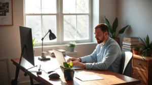 Professional working deeply at wooden desk in minimalist Nashville office space, morning light streaming through window, completely focused expression, no screens visible, clean modern workspace with plants