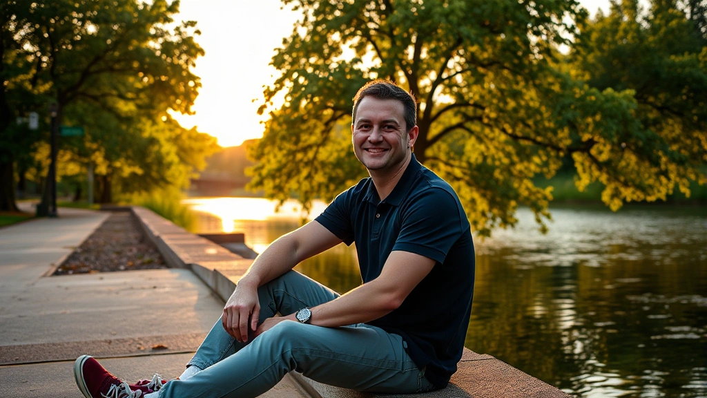 Person sitting on Nashville's Cumberland River Greenway during golden hour, peaceful expression, natural lighting, green trees reflected in water, minimal distractions, serene focus evident