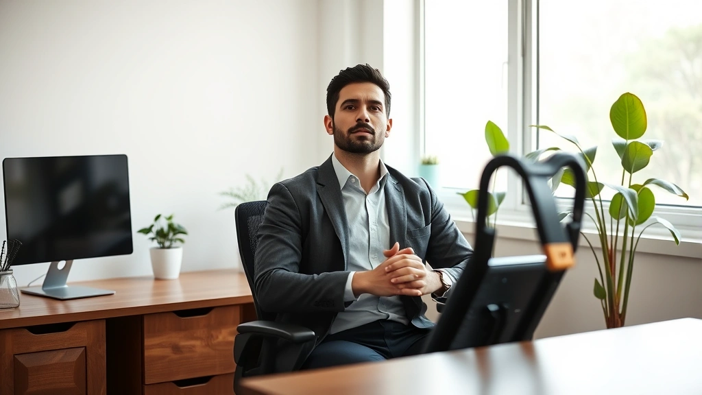 Male professional in minimalist home office space, sitting upright in ergonomic chair at wooden desk, hands folded, looking directly ahead with concentrated expression, plants visible in background, soft diffused natural lighting from window