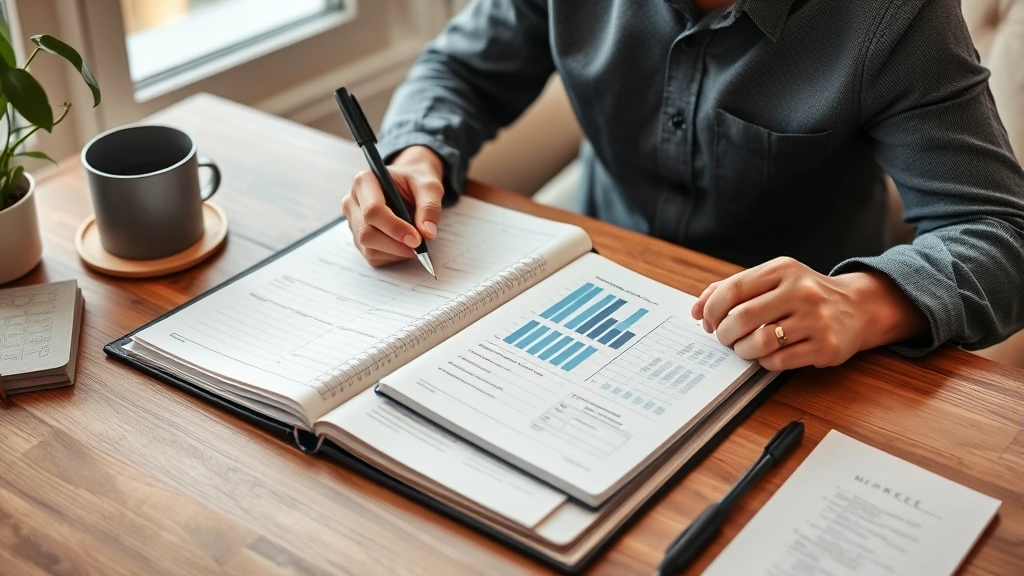 Individual reviewing focus metrics in notebook or journal at coffee table, planning deep work schedule, organized notes spread out, thoughtful expression, professional yet relaxed atmosphere, natural lighting