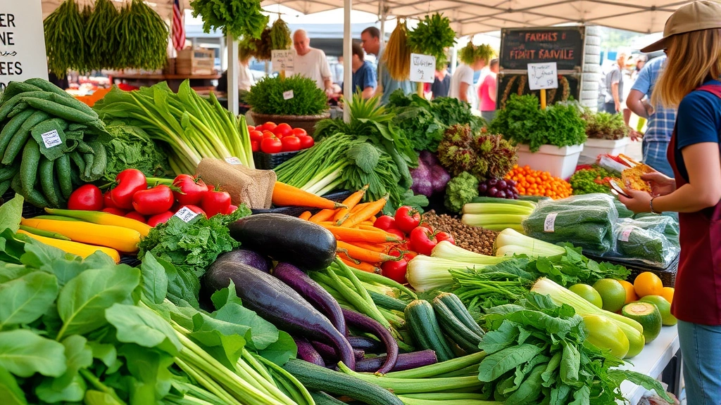 Nashville farmers market scene with vibrant fresh vegetables and leafy greens on display, natural sunlight, person selecting plant-based foods, warm community atmosphere, abundance of whole foods