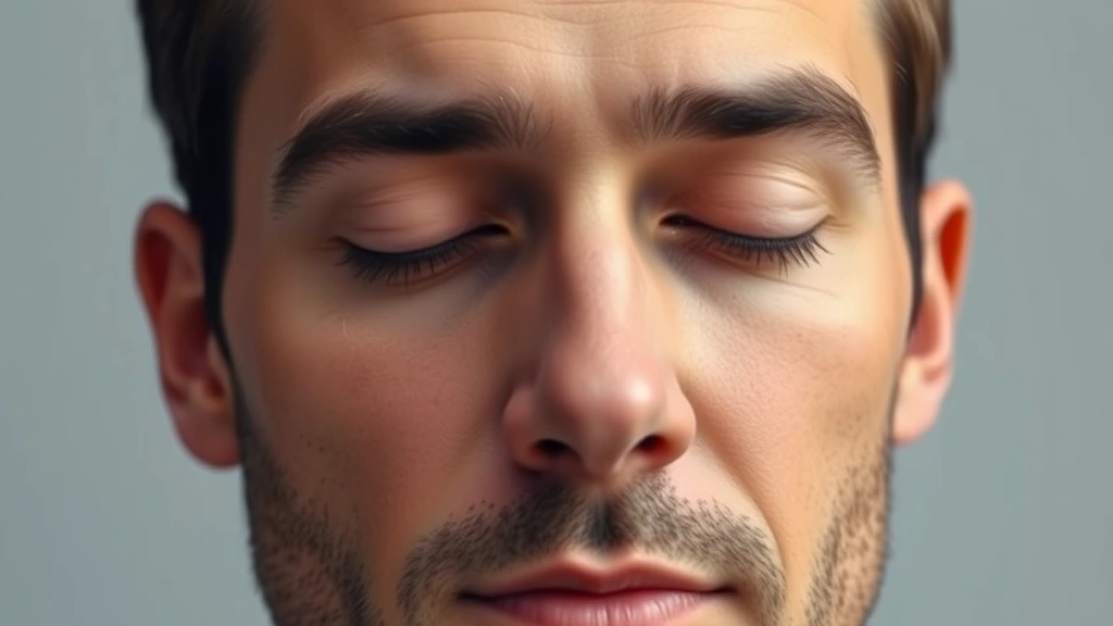 Close-up portrait of man's face showing deep concentration, peaceful demeanor, eyes focused, soft studio lighting with neutral background, professional appearance, serene expression demonstrating mental clarity