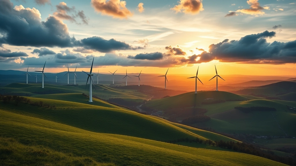 Vast wind turbine farm stretching across rolling green hills at golden hour, turbines spinning gracefully, dramatic sky with clouds, photorealistic landscape photography, no text or labels visible