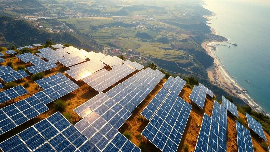 Modern solar panel installation on hillside overlooking coastal valley, thousands of panels catching sunlight, pristine environment, photorealistic aerial perspective, clean energy infrastructure without text