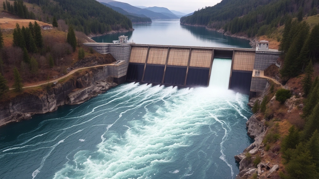 Hydroelectric dam with flowing water and renewable energy generation, surrounded by natural landscape and forests, dramatic water flow, photorealistic nature photography, no signage or text elements