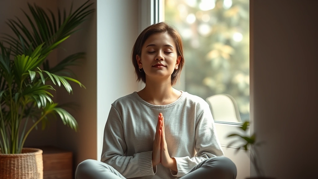 Person sitting peacefully in natural light near window, hands resting gently, serene facial expression, soft indoor environment with plants, warm atmospheric lighting, photorealistic, no screens or text visible