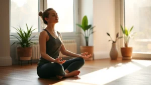 Person sitting peacefully in lotus position on a wooden floor by a window with soft morning sunlight streaming in, eyes closed in meditation, serene facial expression, minimalist room with potted plants in background
