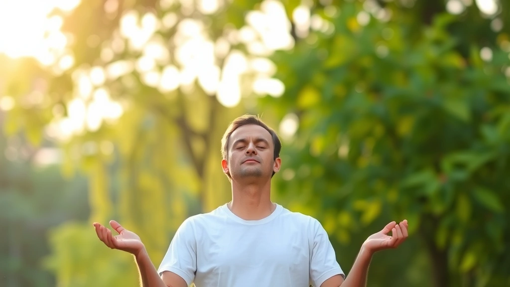 Individual meditating outdoors with nature background, peaceful posture, natural morning or golden hour lighting, blurred green foliage, calm serene atmosphere, photorealistic human figure, no text elements