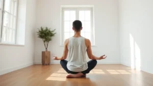 Person in peaceful meditation posture in bright, minimalist room with natural light streaming through windows, appearing deeply focused and calm, no text visible