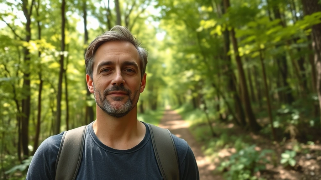 Person walking through forest path surrounded by green trees and natural scenery, dappled sunlight on face, expression of calm focus and restoration, no text elements