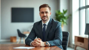 Professional man in business attire sitting at wooden desk in minimalist office, hands folded, looking directly at camera with calm confident expression, natural window light, modern furniture in soft focus background, photorealistic