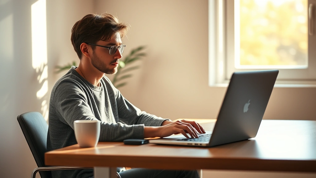 Person sitting at clean wooden desk in bright natural light, focused on laptop work, coffee cup nearby, plant in background, serene expression, warm afternoon sunlight through window, minimalist workspace, photorealistic