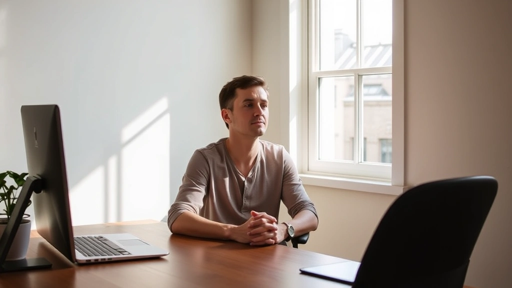 Person sitting peacefully in minimalist workspace, sunlight streaming through window, hands resting on desk, calm focused expression, natural lighting, wooden desk, plant visible, serene concentration