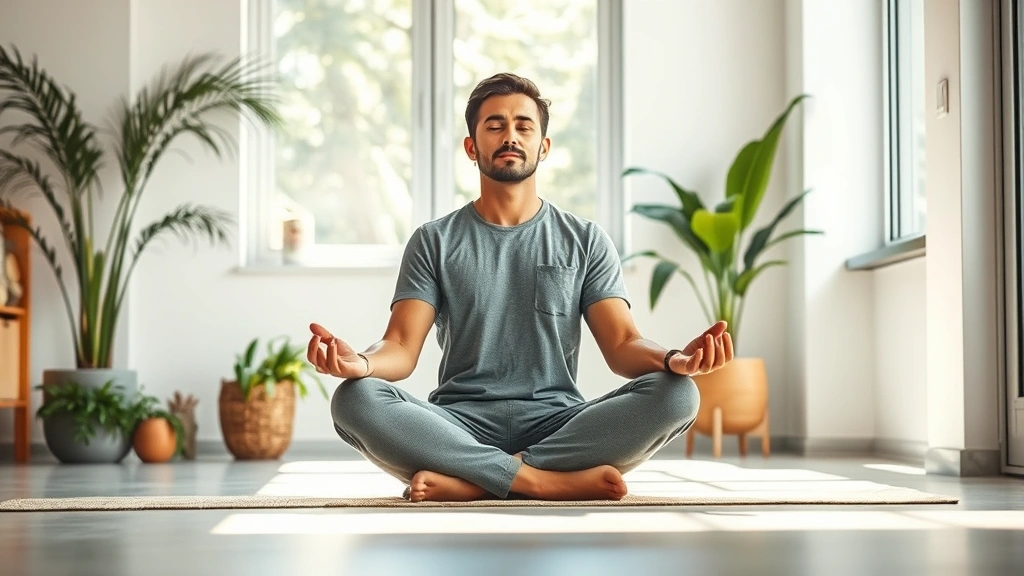 Person meditating peacefully in bright natural light, sitting cross-legged indoors, serene expression, calm environment with plants and natural elements, photorealistic, focused meditation posture