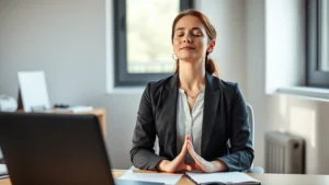 Professional woman sitting at desk with eyes closed, practicing deep breathing meditation, natural window light, peaceful focused expression, minimalist workspace background