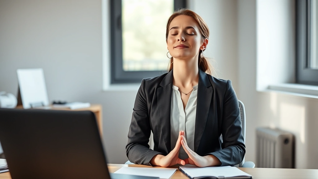 Professional woman sitting at desk with eyes closed, practicing deep breathing meditation, natural window light, peaceful focused expression, minimalist workspace background