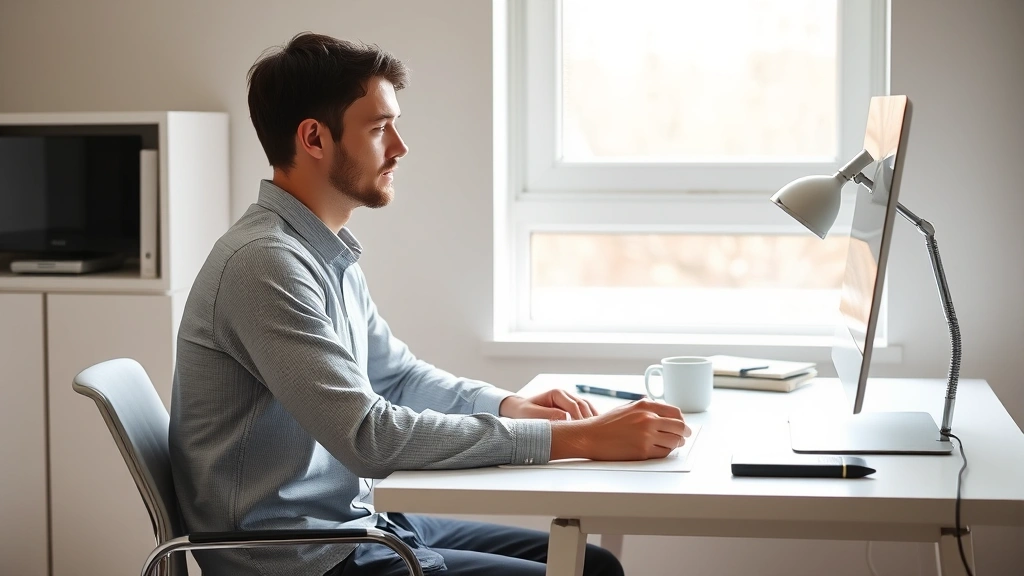 Person sitting at minimalist desk with single focus task, natural window light, calm neutral colors, coffee cup, no screens visible, peaceful concentration expression