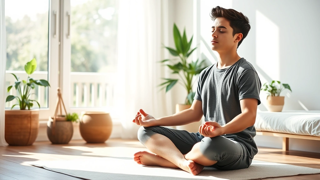 Young adult practicing meditation in bright bedroom, sitting cross-legged on floor near window, peaceful expression, natural light streaming in, plants visible, calm atmosphere, photorealistic morning scene