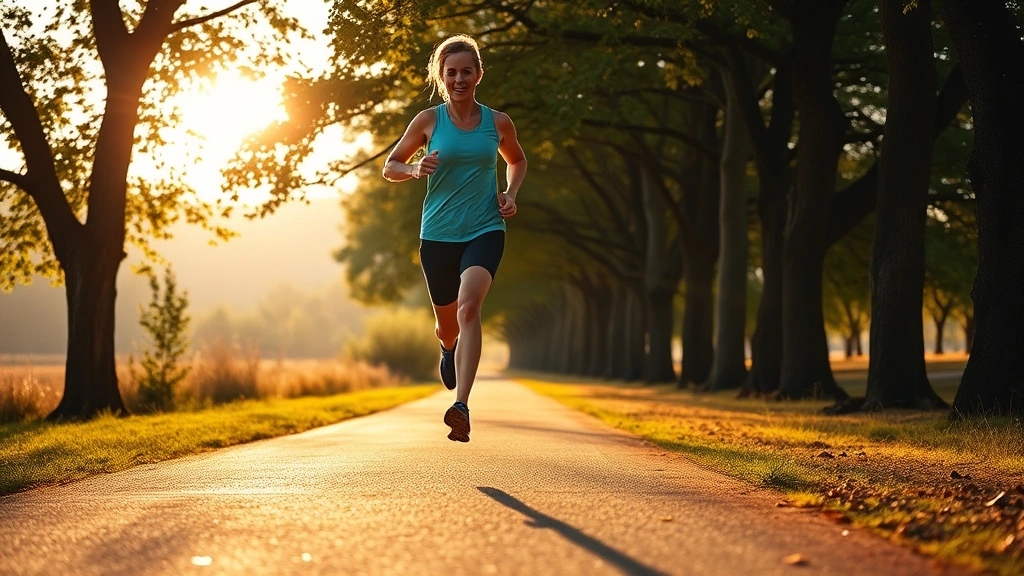 Person jogging outdoors on tree-lined path, morning sunlight, athletic wear, motion captured mid-stride, natural landscape background, healthy movement, energetic but peaceful mood