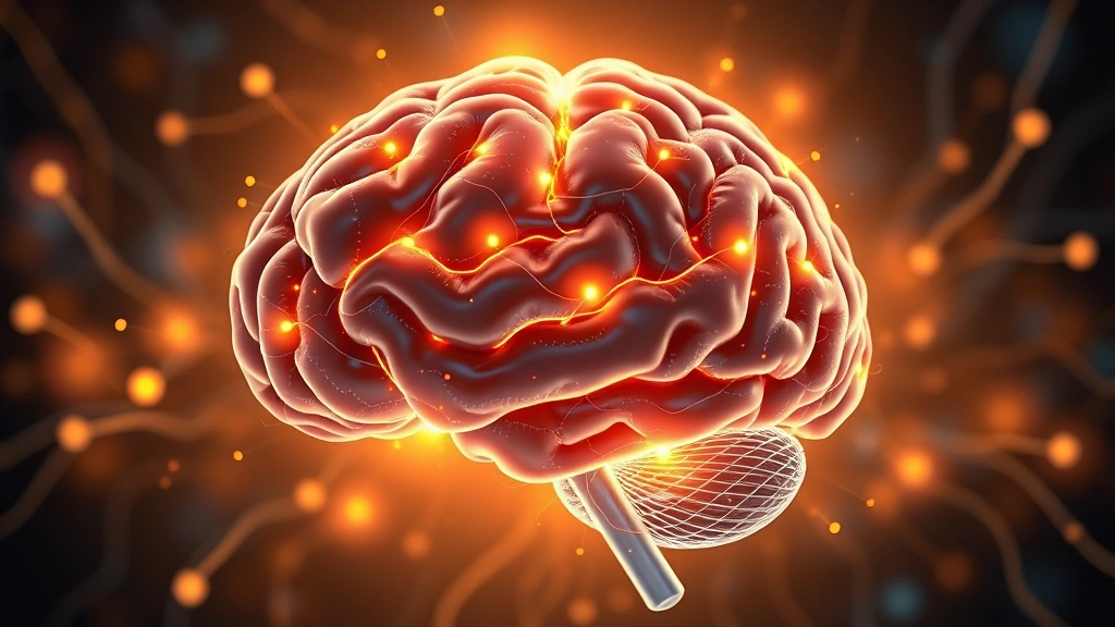 Brain illustration showing neural pathways lighting up with focus and concentration, abstract representation of cognitive activation, warm golden light highlighting attention networks, scientific visualization style