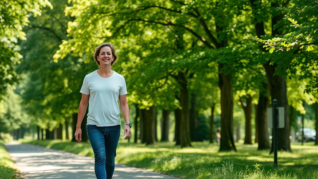 Person walking outdoors in nature during break, green trees and sunlight, relaxed posture, refreshed appearance, clearing mental fatigue with movement