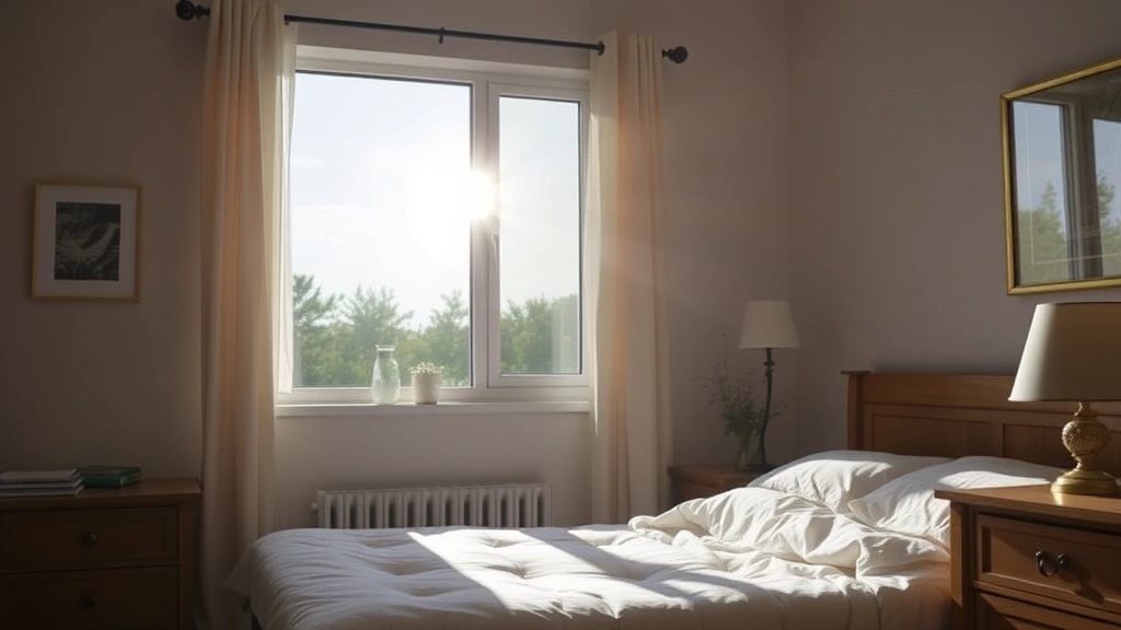 Early morning sunlight streaming through bedroom window, person waking refreshed, clean organized bedroom, empty nightstand, peaceful awakening moment