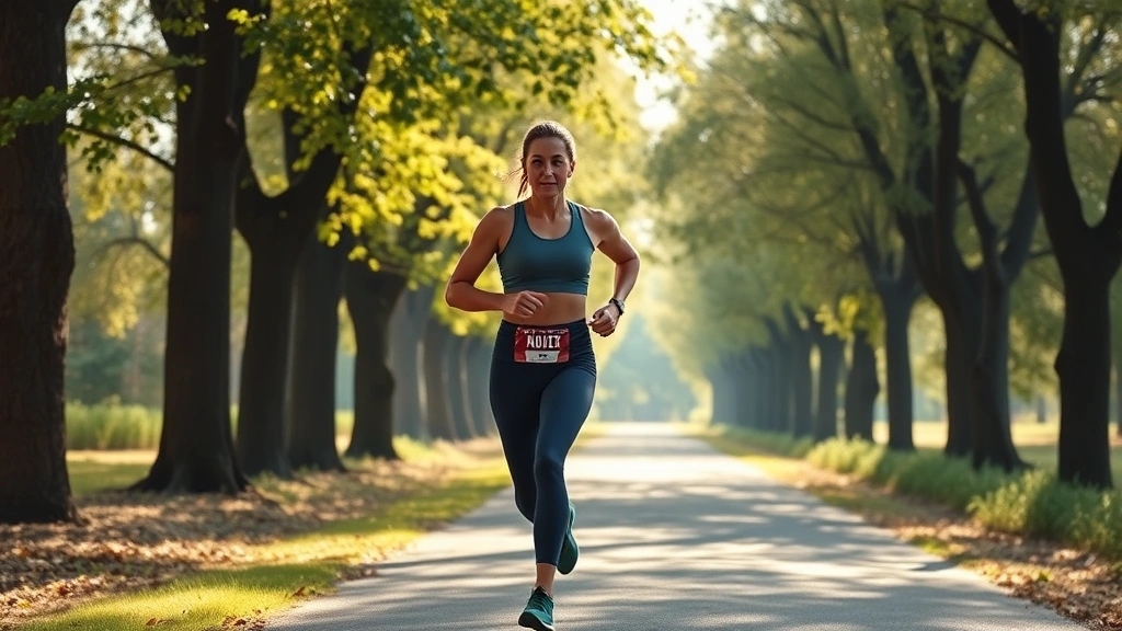 Person jogging on tree-lined path in morning light, athletic wear, focused expression, natural outdoor setting, dappled sunlight through leaves, healthy movement, photorealistic fitness scene