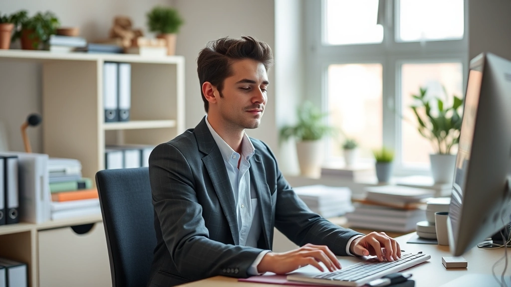 Professional sitting at desk with clear focus during work, peaceful expression, organized workspace, natural window light, demonstrating improved concentration after meditation practice
