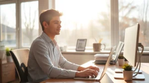 Person sitting at desk with morning sunlight streaming through large windows, focused on work, natural lighting, peaceful expression, minimal distractions visible, wooden desk setup