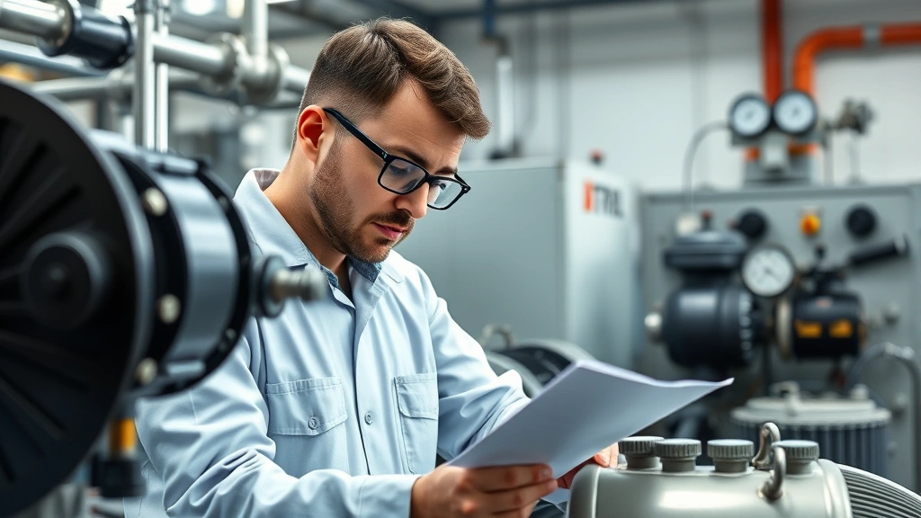 Engineer examining heat pump compressor components in laboratory setting, focused concentration on technical specifications, professional workspace with thermodynamic equipment and gauges, natural lighting highlighting mechanical precision