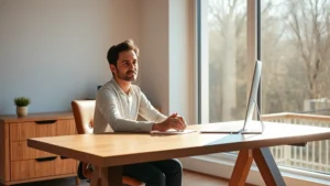 Person sitting at minimalist wooden desk by large window with natural light, hands resting on desk, serene focused expression, morning sunlight streaming across workspace, no visible screens or clutter, warm professional atmosphere