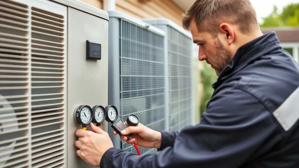 Professional HVAC technician examining a residential heat pump system outdoors, measuring refrigerant pressures with digital gauges, intense focus on technical work