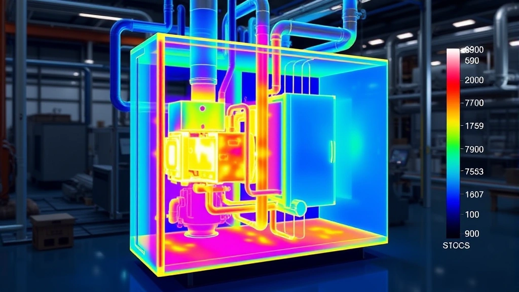 Thermal imaging visualization of heat transfer in HVAC system, showing energy flow patterns in warm and cool zones, industrial facility background, technical focus on efficiency demonstration