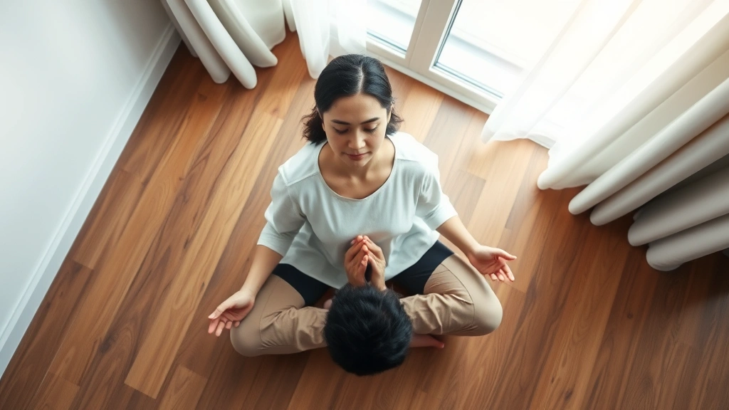 Overhead view of person doing breathing meditation on wooden floor near window, natural soft lighting, peaceful expression, hands resting on knees in lotus position, calm indoor environment with minimal background