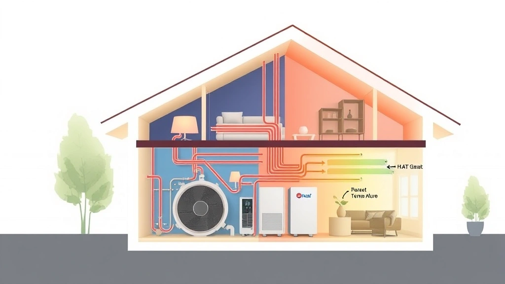 Cross-section diagram visualization of heat pump components working in a modern home, showing refrigerant circulation and temperature zones, professional technical illustration style