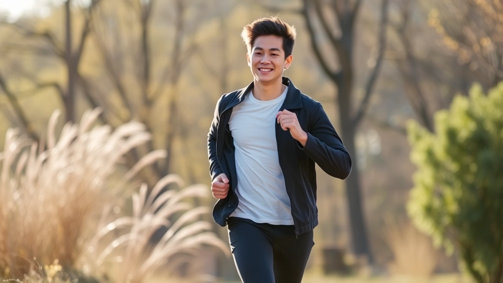 Young professional exercising outdoors, running or walking in natural environment, energetic movement, fresh air, morning or afternoon sunlight, healthy activity